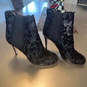 RED Valentino Black Floral Velvet Ankle Booties